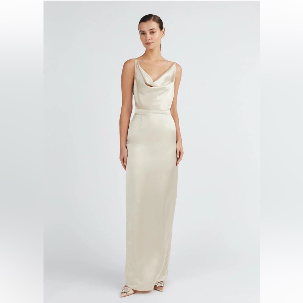 Amila Beige Satin Backless Maxi Dress